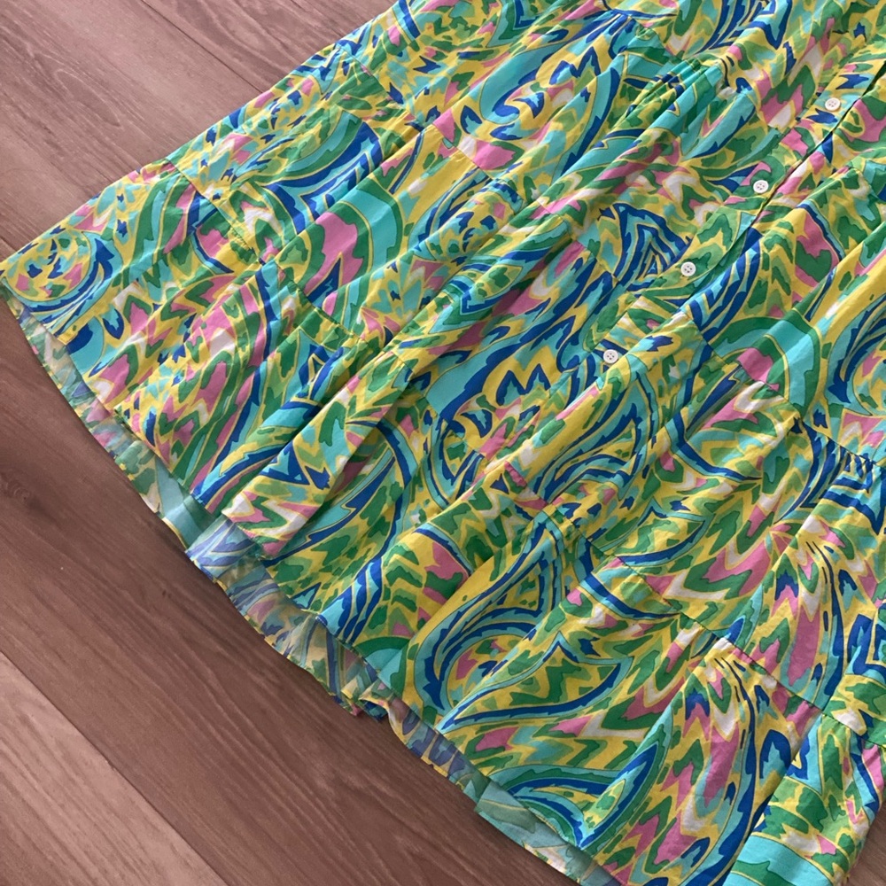 Zara Resort Midi Dress Blue Green Tiered Lapel Collar - Picture 6 of 10
